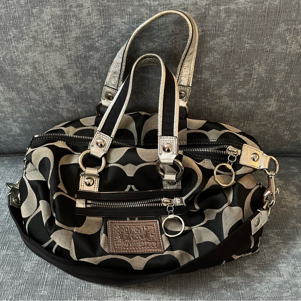 Coach 15860 Poppy Op Art Outline Glam Satchel Shoulder Bag Purse Black & Tan
